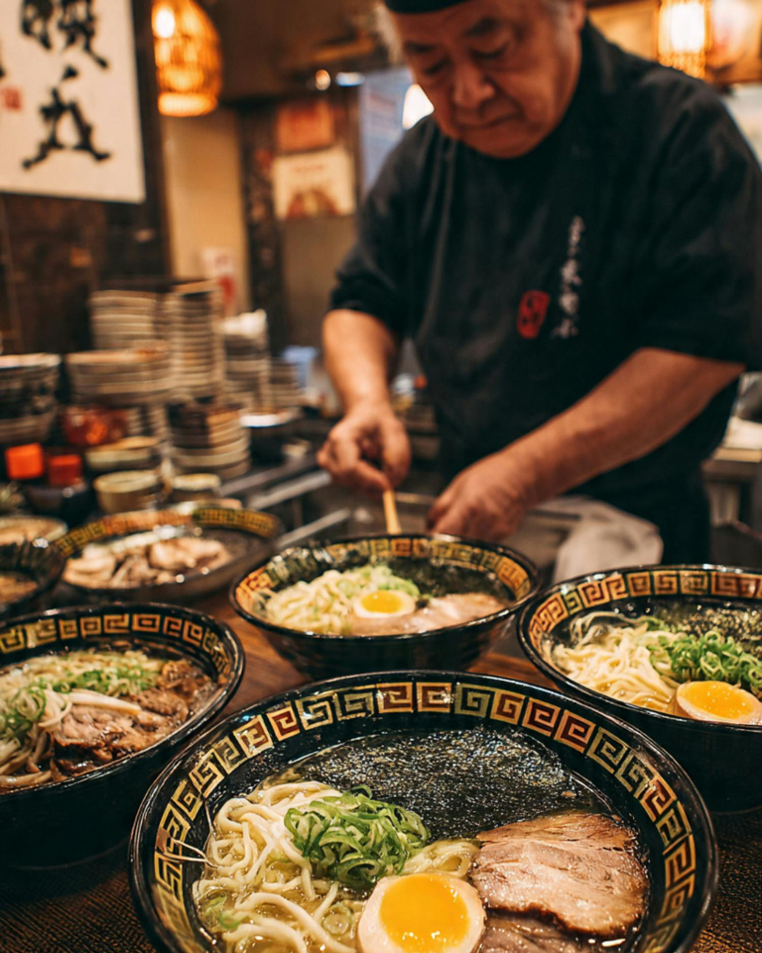 Ramen chef preparing multiple bowls of authentic ramen with traditional Japanese bowls